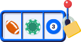 Máquina tragamoneda con 3 iconos: 1 pelota de fútbol americano, una ficha de casino verde y una bola azul con el número 3