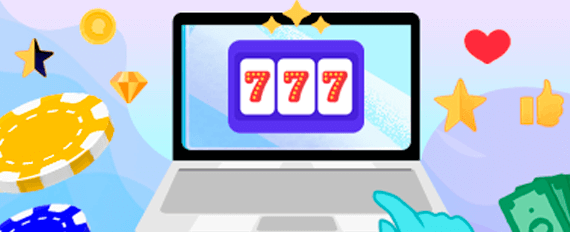 Macbook con un icono de jackpot en su pantalla. Fichas de casino y dinero alrededor.