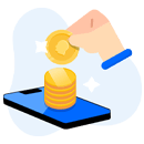 Monedas sobre pantalla móvil y una mano tomando una de las monedas