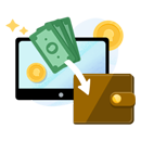 pantalla de tablet con billetes, cartera y monedas