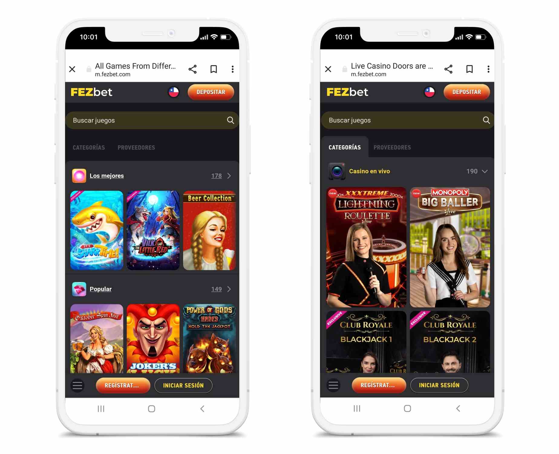 Dos pantallas móviles con el sitio web de Fezbet casino