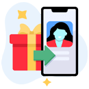 Caja de regalo con una flecha verde apuntando hacia un dispositivo móvil con el perfil de un usuario en su pantalla