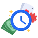 Reloj azul con dinero y naipes alrededor