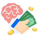 Icono de cerebro encima de una mano sujetando 3 billetes.
