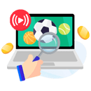 Lupa sobre la pantalla de un notebook con balones de fútbol, baloncesto y tenis en su pantalla