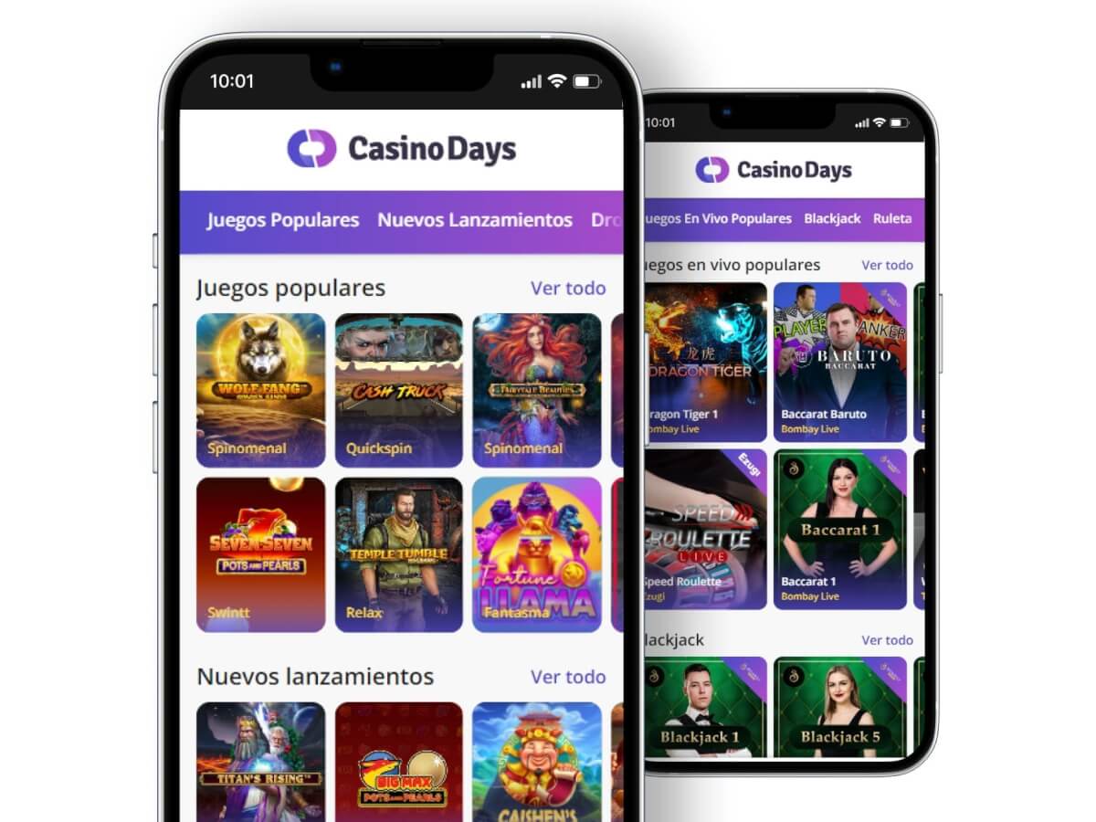 Dos pantallas móviles con la página web de Casino Days
