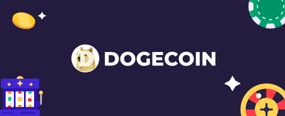 Logo de dogecoin rodeado de fichas, ruleta y tragamonedas