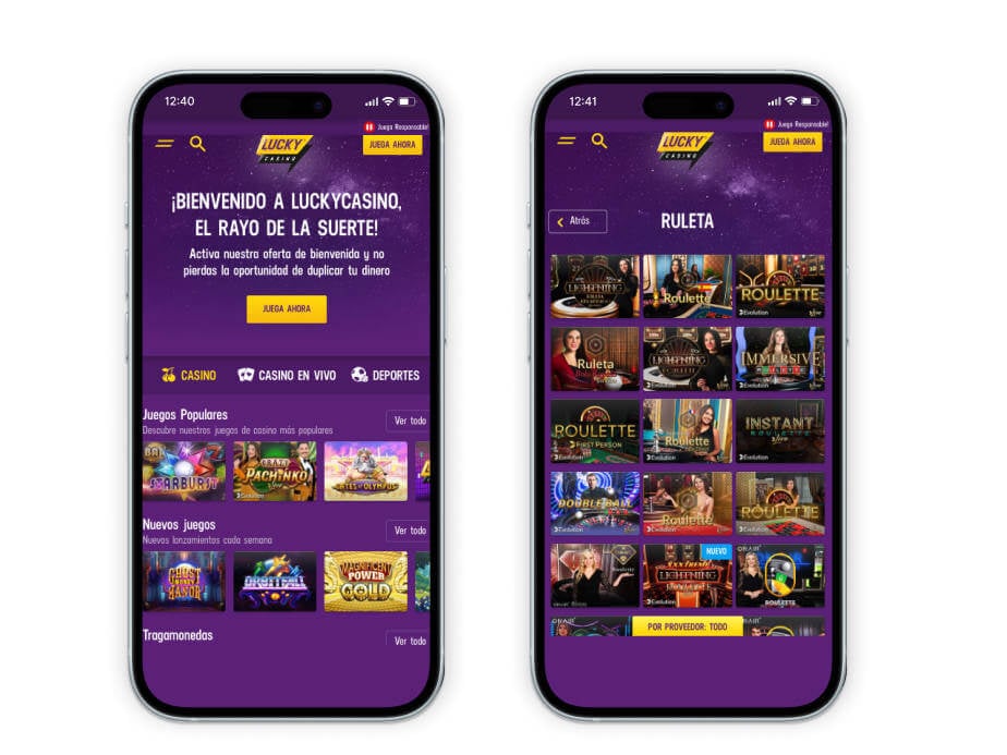 Dos teléfonos móviles mostrando la plataforma de Lucky Casino.